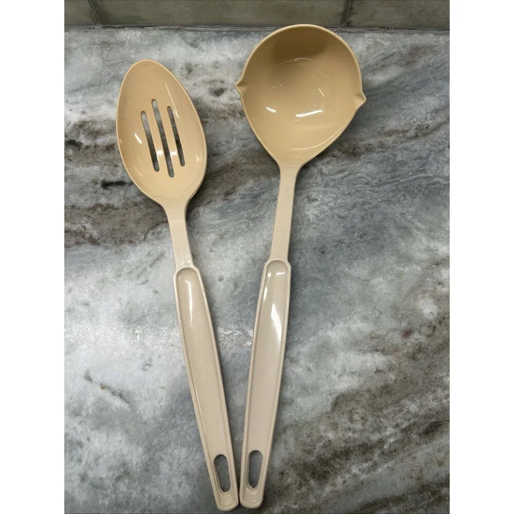 Vtg Ekco Almond Beige Ladle And Slotted Serving Cooking Spoon Utensil Tool USA